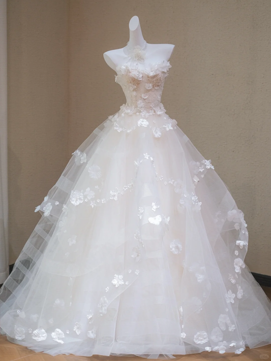 Fairy Ball Gown Strapless Tulle Applique Long Wedding Dresses