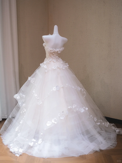 Fairy Ball Gown Strapless Tulle Applique Long Wedding Dresses