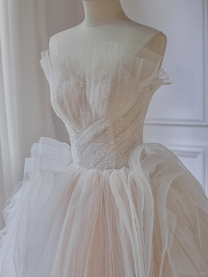 Princess Ball Gown Strapless Tulle Beads Long Wedding Dresses