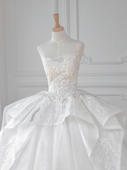 Dreamy Ball Gown Strapless Tulle Sequin Applique Long Wedding Dresses