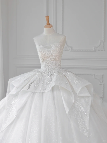 Dreamy Ball Gown Strapless Tulle Sequin Applique Long Wedding Dresses