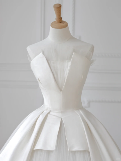 Classy Ball Gown Strapless Satin Tulle Long Wedding Dresses