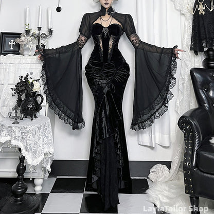 Celestial Whimsigoth Black Lace Suit, Dark Style Formal Gown, Slim-fitting Long Prom Dress, Sexy Halloween Dress,LTP82798