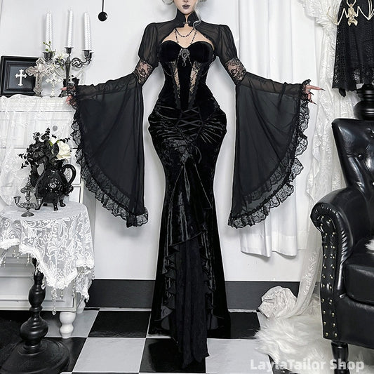 Celestial Whimsigoth Black Lace Suit, Dark Style Formal Gown, Slim-fitting Long Prom Dress, Sexy Halloween Dress,LTP82798