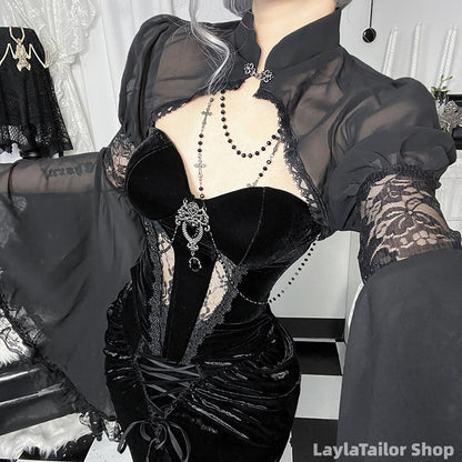 Celestial Whimsigoth Black Lace Suit, Dark Style Formal Gown, Slim-fitting Long Prom Dress, Sexy Halloween Dress,LTP82798