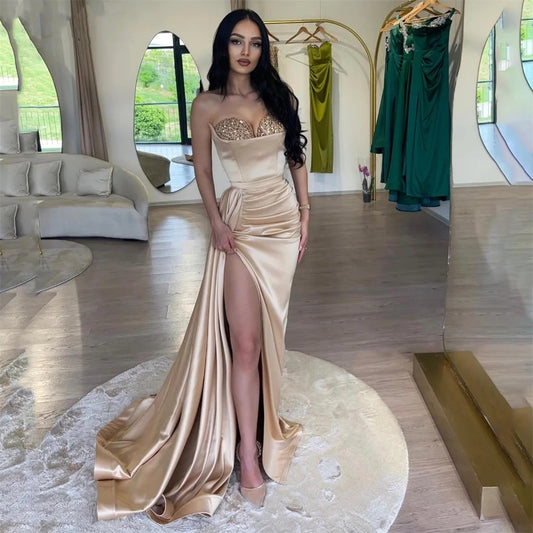 Champagne Sweetheart Satin Long Prom Dresses With High Split