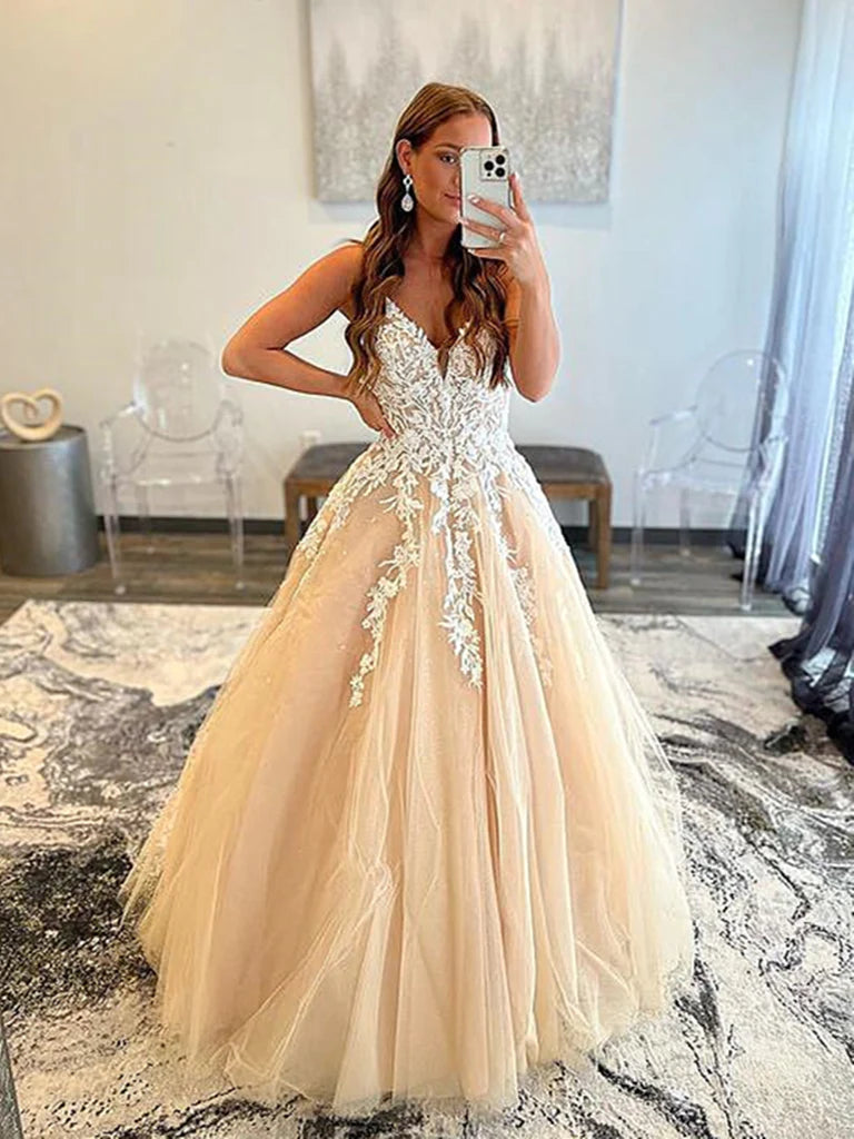 Champagne Tulle Appliques Prom Dress