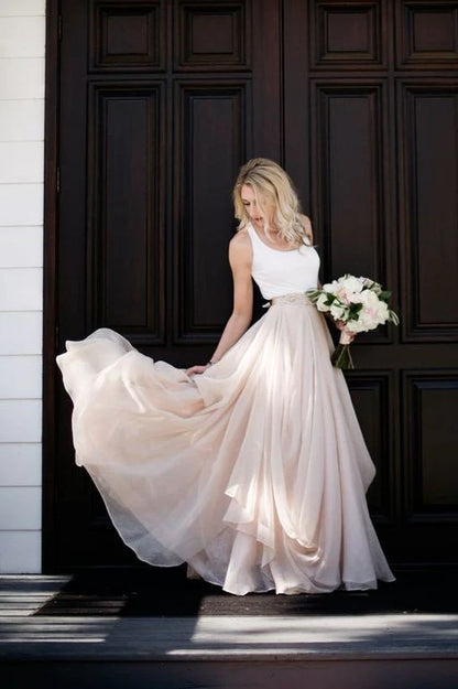 Champagne White Chiffon Floor Length Wedding Dresses