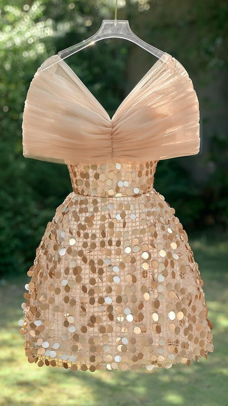 Champagne Off The Shoulder Sequin Tight Homecoming Dresses, LTP3331