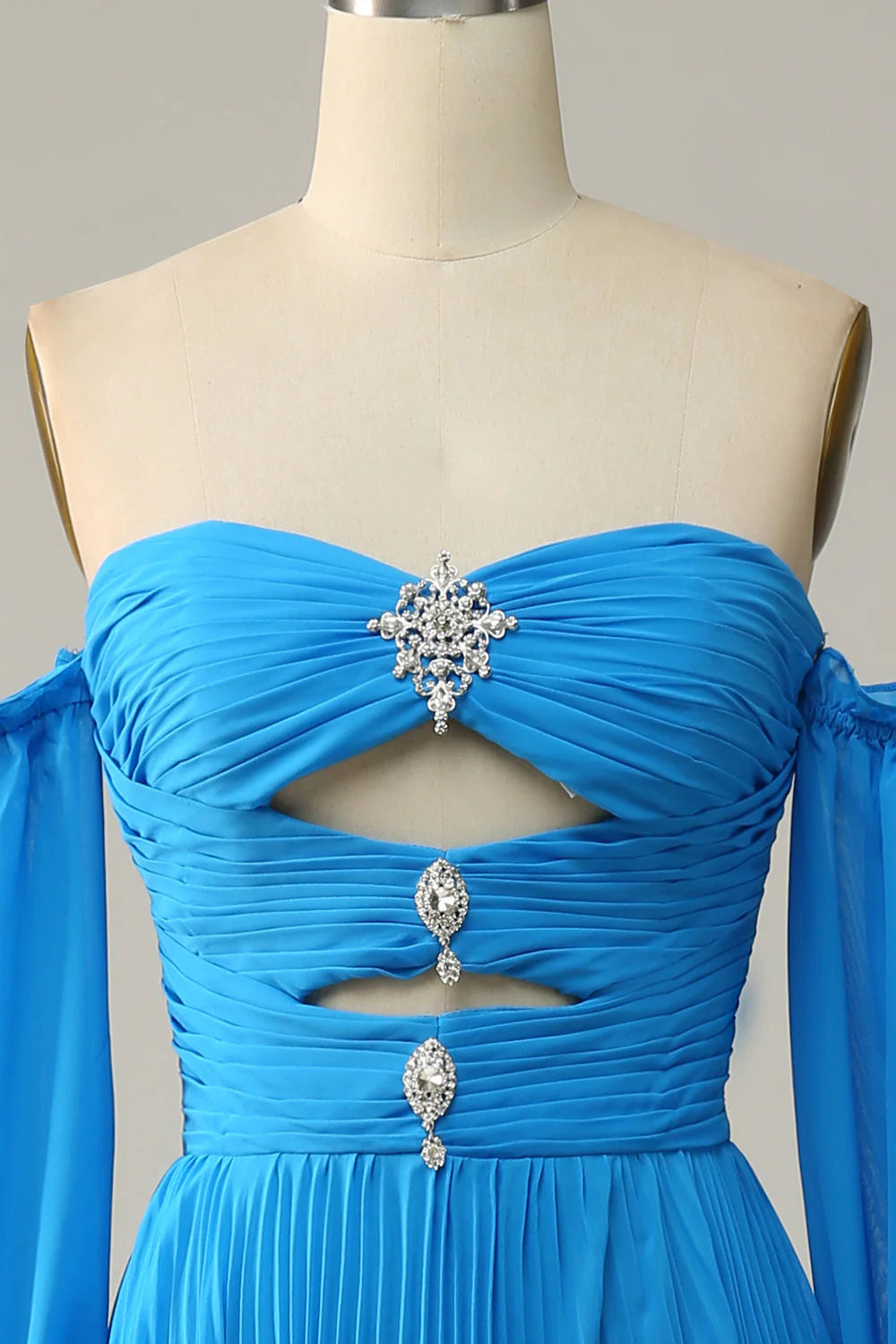 Blue A-Line Chiffon Pleated Split Long Party Prom Dress