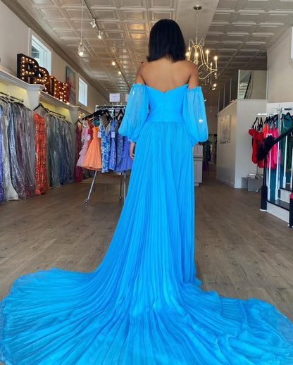 Blue A-Line Chiffon Pleated Split Long Party Prom Dress