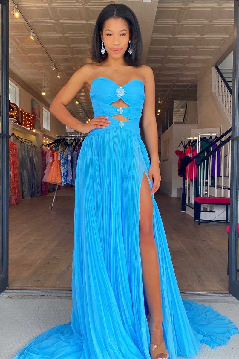 Blue A-Line Chiffon Pleated Split Long Party Prom Dress