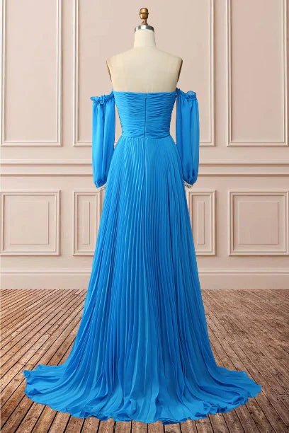 Blue A-Line Chiffon Pleated Split Long Party Prom Dress