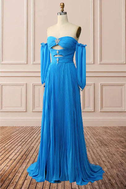 Blue A-Line Chiffon Pleated Split Long Party Prom Dress