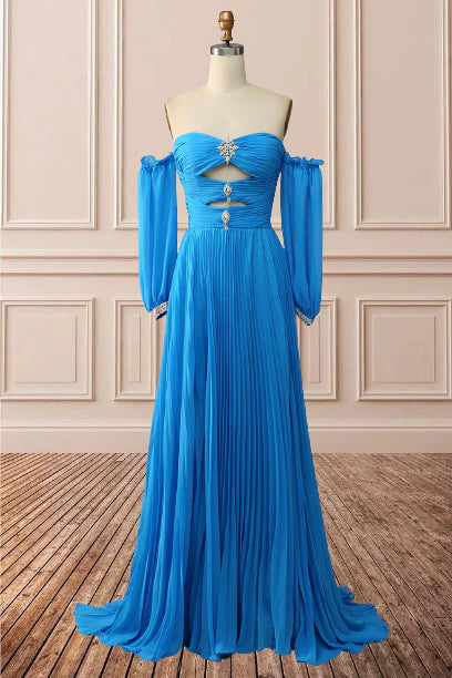 Blue A-Line Chiffon Pleated Split Long Party Prom Dress