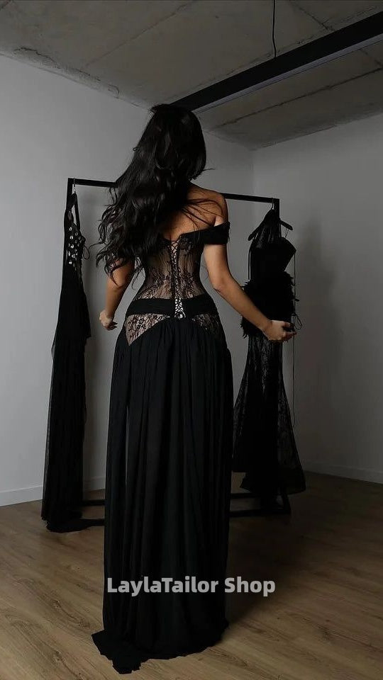 Charming Black Off-The-Shoulder Chiffon Lace Prom Dress A-Line High Split With Lace-Up Back,LTP4510