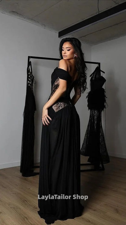 Charming Black Off-The-Shoulder Chiffon Lace Prom Dress A-Line High Split With Lace-Up Back,LTP4510