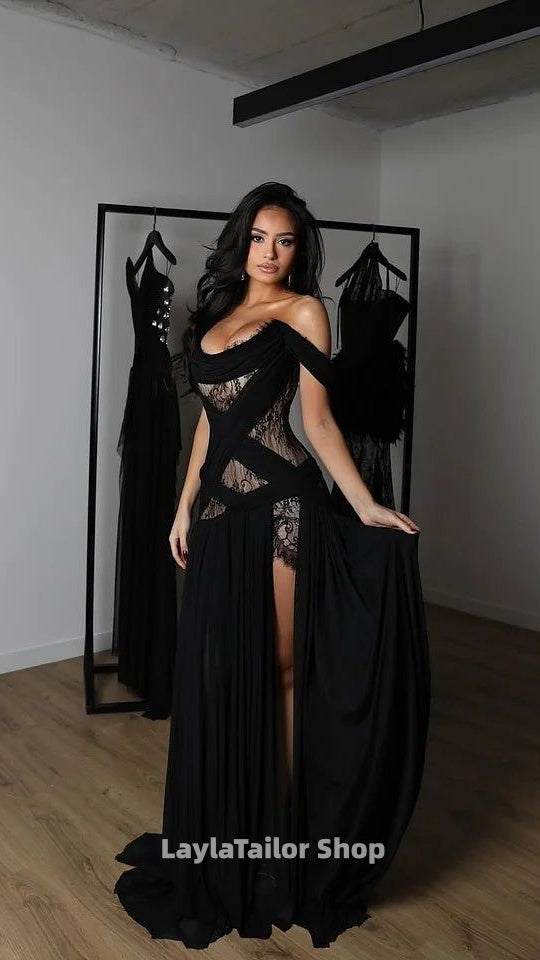 Charming Black Off-The-Shoulder Chiffon Lace Prom Dress A-Line High Split With Lace-Up Back,LTP4510