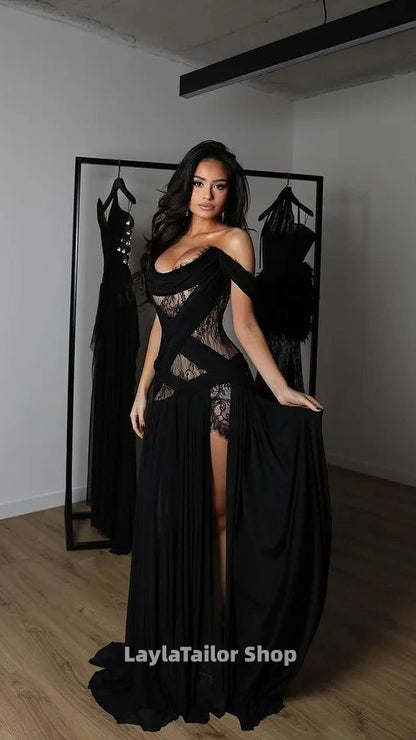 Charming Black Off-The-Shoulder Chiffon Lace Prom Dress A-Line High Split With Lace-Up Back,LTP4510