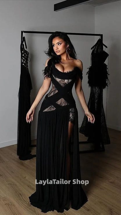 Charming Black Off-The-Shoulder Chiffon Lace Prom Dress A-Line High Split With Lace-Up Back,LTP4510
