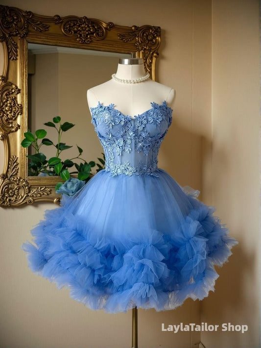 Charming Blue Appliques Tulle Homecoming Dresses Short Party Dress
