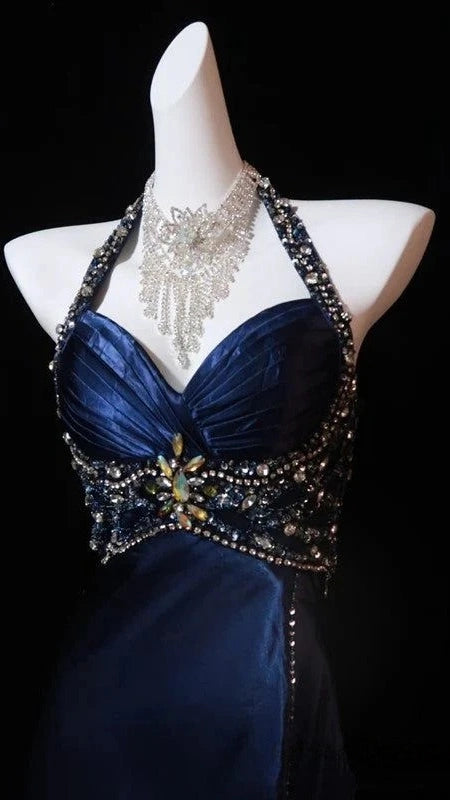 Charming Blue Halter Pleated Senior Prom Dresses Beaded Evening Formal Gown,LTP4283