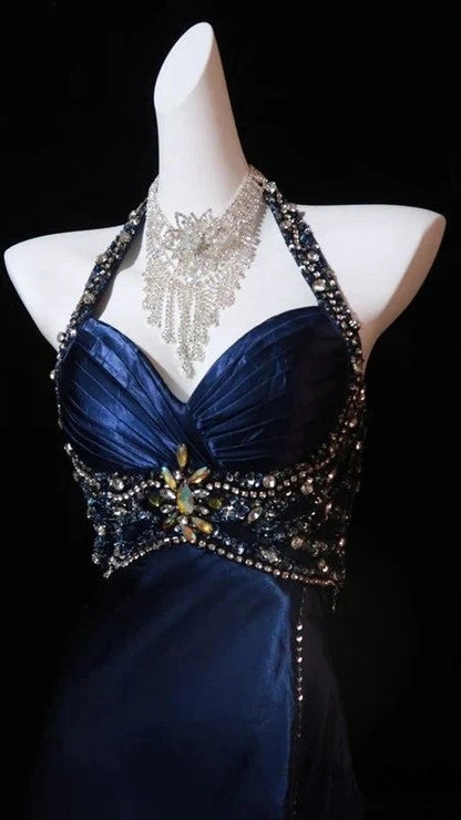 Charming Blue Halter Pleated Senior Prom Dresses Beaded Evening Formal Gown,LTP4283