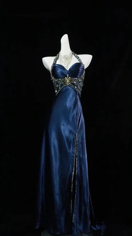 Charming Blue Halter Pleated Senior Prom Dresses Beaded Evening Formal Gown,LTP4283