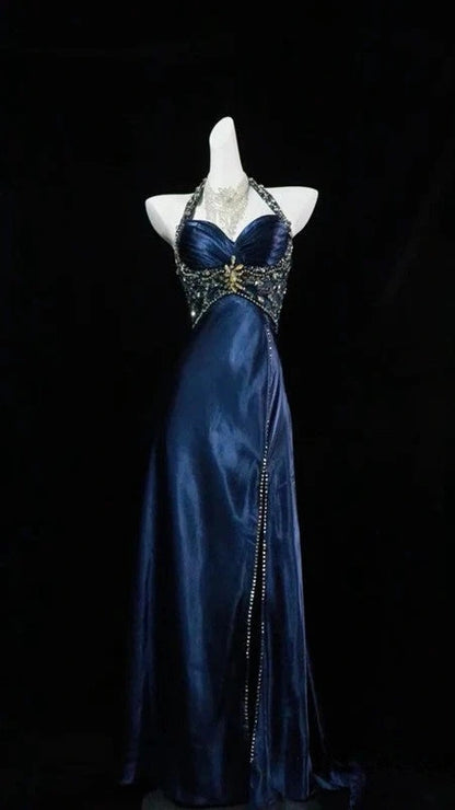 Charming Blue Halter Pleated Senior Prom Dresses Beaded Evening Formal Gown,LTP4283