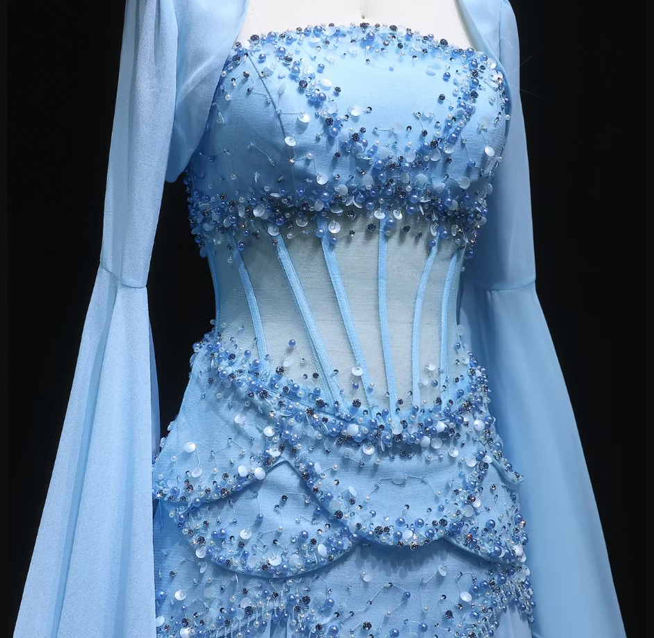 Charming Blue Long Sleeves Beaded Chiffon Floor Length Prom Dress,LTP82782