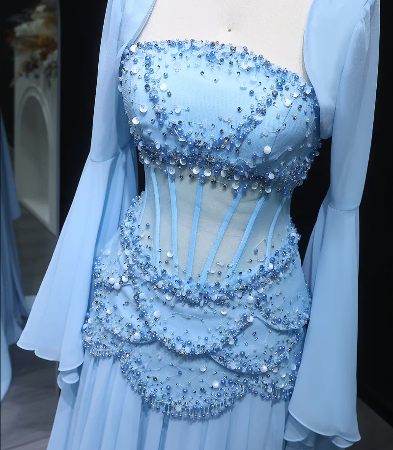 Charming Blue Long Sleeves Beaded Chiffon Floor Length Prom Dress,LTP82782