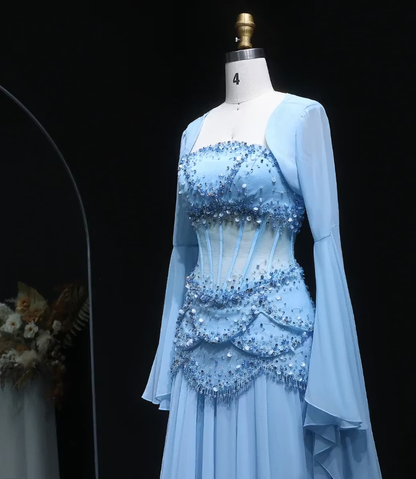 Charming Blue Long Sleeves Beaded Chiffon Floor Length Prom Dress,LTP82782