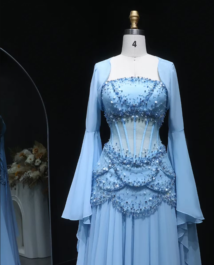 Charming Blue Long Sleeves Beaded Chiffon Floor Length Prom Dress,LTP82782