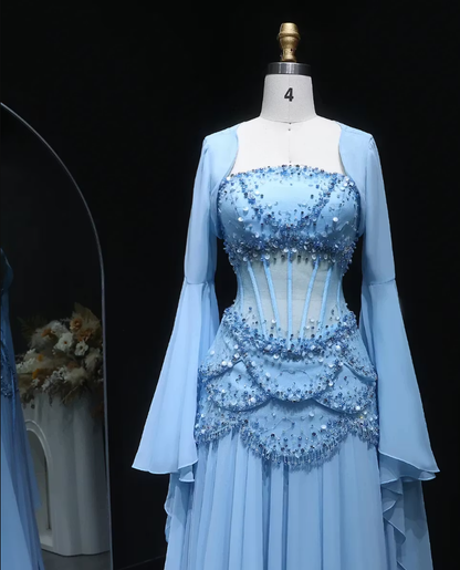 Charming Blue Long Sleeves Beaded Chiffon Floor Length Prom Dress,LTP82782