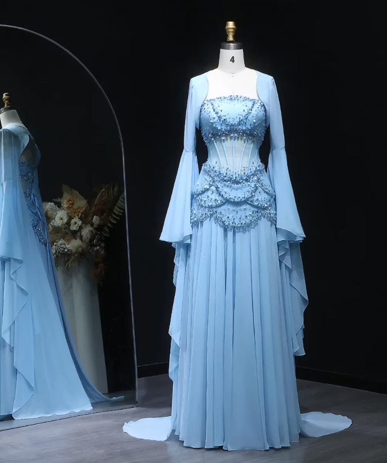 Charming Blue Long Sleeves Beaded Chiffon Floor Length Prom Dress,LTP82782