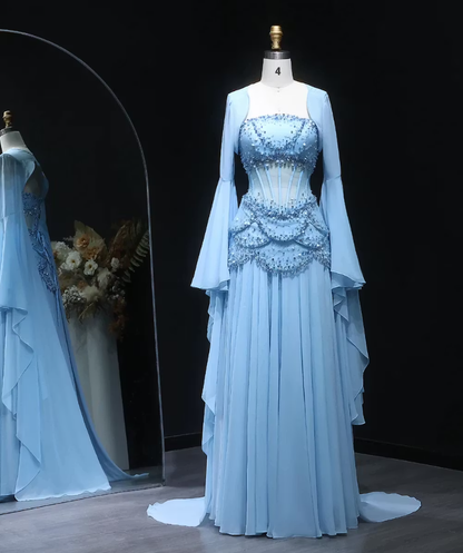 Charming Blue Long Sleeves Beaded Chiffon Floor Length Prom Dress,LTP82782