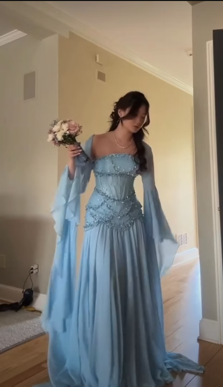 Charming Blue Long Sleeves Beaded Chiffon Floor Length Prom Dress,LTP82782