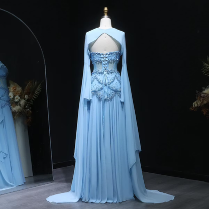 Charming Blue Long Sleeves Beaded Chiffon Floor Length Prom Dress,LTP82782