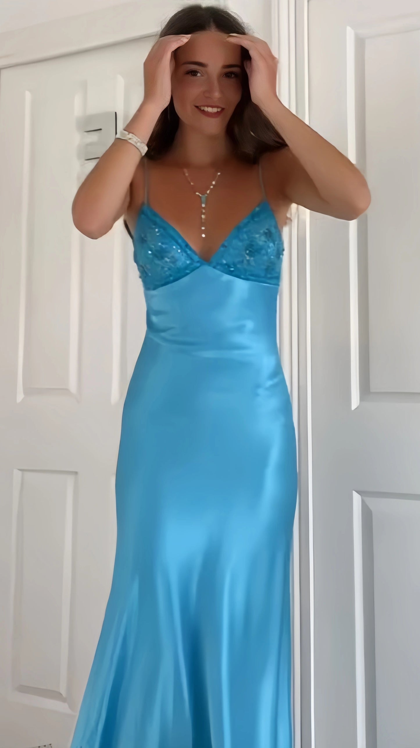 Charming Blue Sheath Prom Dresses Spaghetti Straps Beaded Party Dress,LTP4069