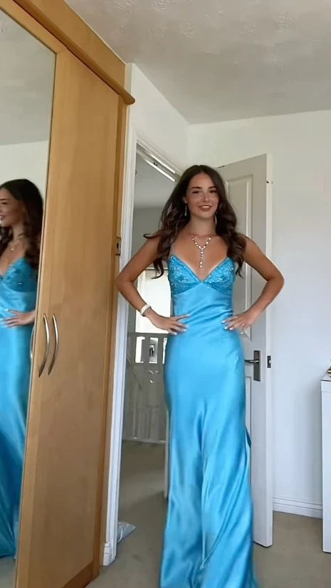 Charming Blue Sheath Prom Dresses Spaghetti Straps Beaded Party Dress,LTP4069