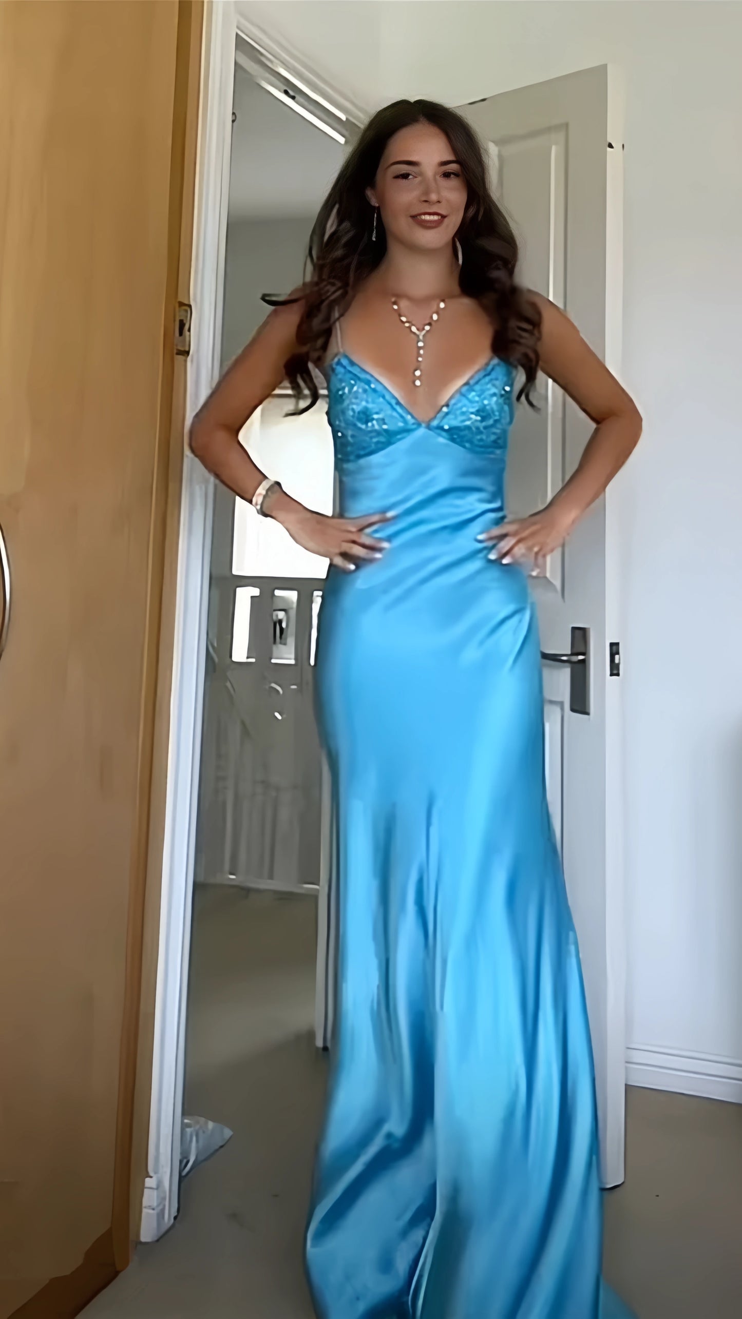 Charming Blue Sheath Prom Dresses Spaghetti Straps Beaded Party Dress,LTP4069