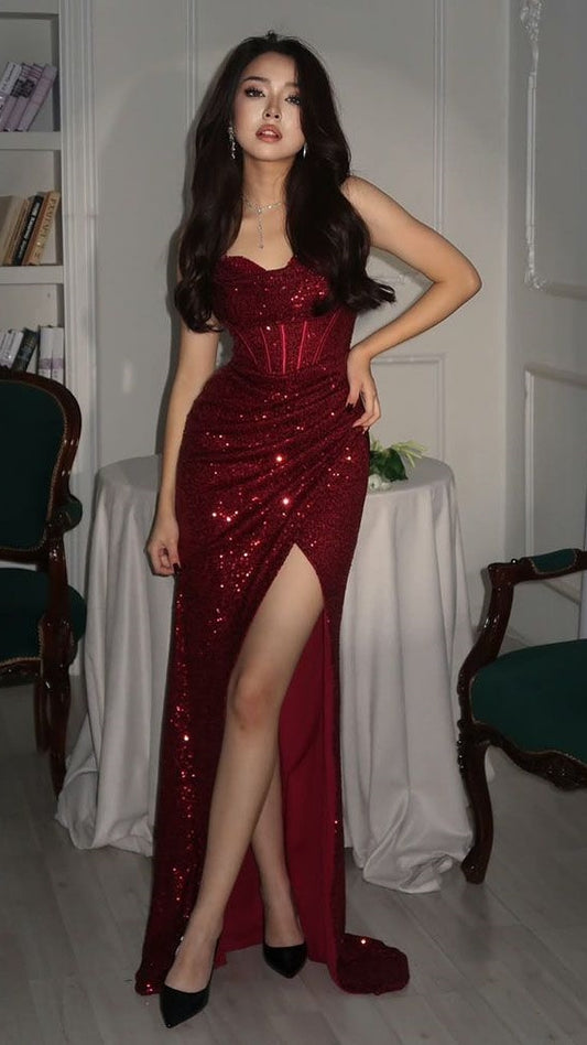 Charming Burgundy Mermaid Sequin Prom Dresses Lace Up Back Slit Formal Gown,LTP4467