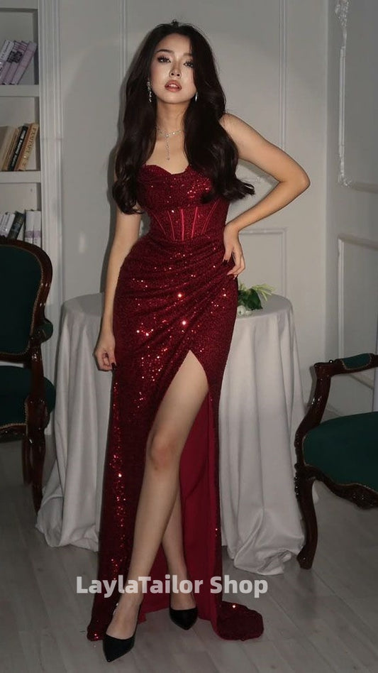 Charming Burgundy Mermaid Sequin Prom Dresses Lace Up Back Slit Formal Gown,LTP4467