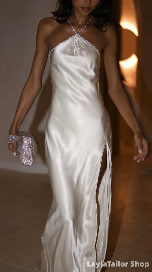 Charming Halter White Beaded Long Prom Dress With Slit