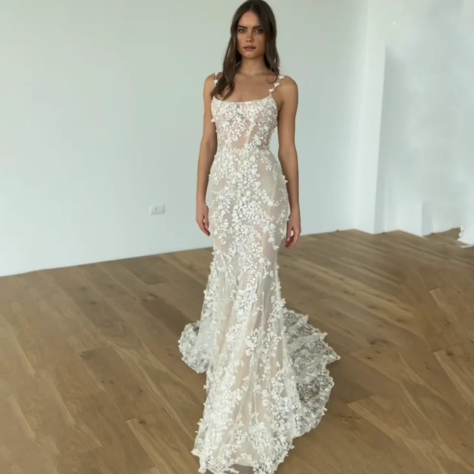 Charming Ivory Floral Lace Wedding Dresses Mermaid Bridal Gowns