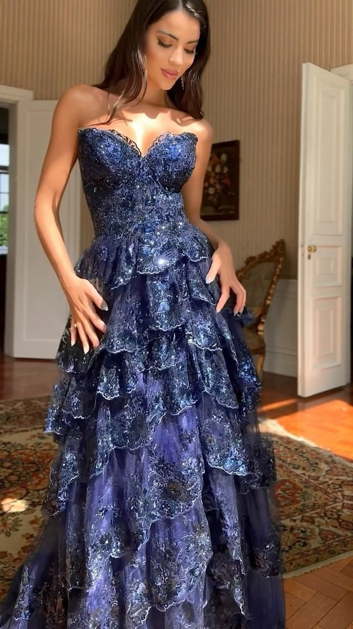 Charming Navy Blue Lace Ruffle Prom Dresses Long Evening Party Gown,LTP4045
