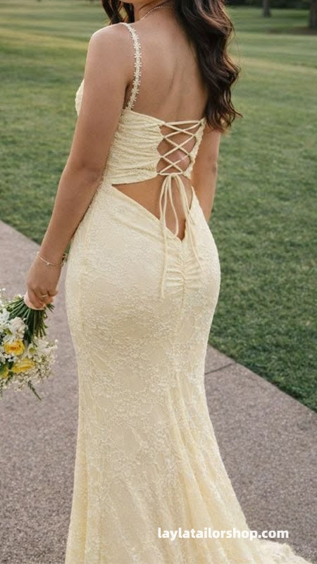 Charming Pastel Yellow Lace Mermaid Prom Dresses Senior Formal Dress,LTP4511