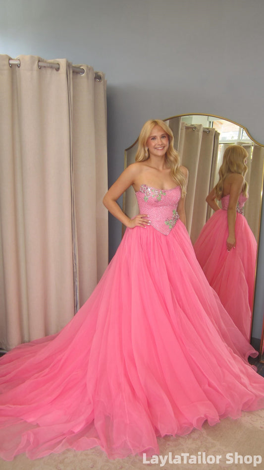 Charming Peach Pink Strapless Floral A-Line Long Prom Dresses