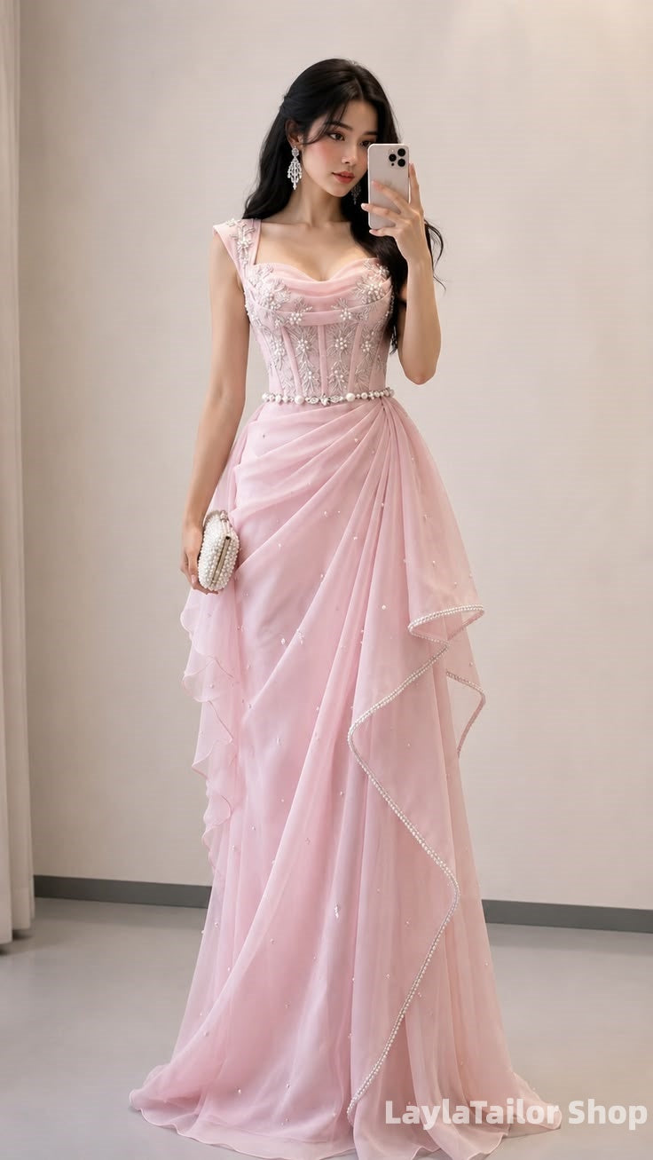 Charming Pink Beaded Prom Dresses Chiffon Ruffle Evening Formal Gown