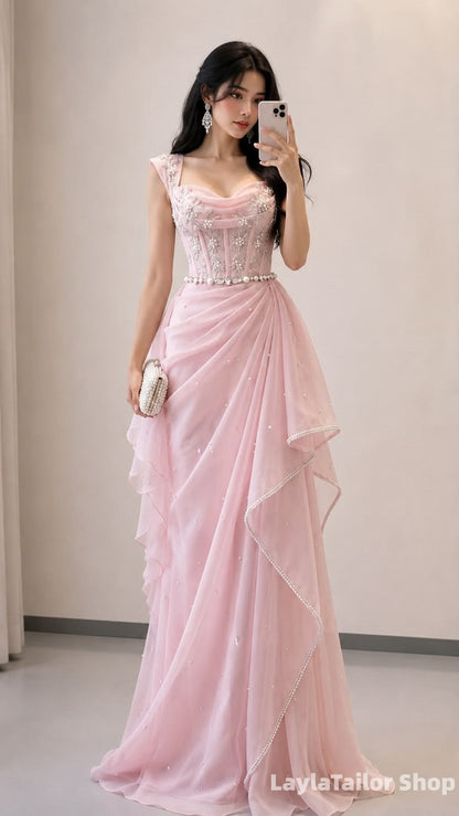 Charming Pink Beaded Prom Dresses Chiffon Ruffle Evening Formal Gown